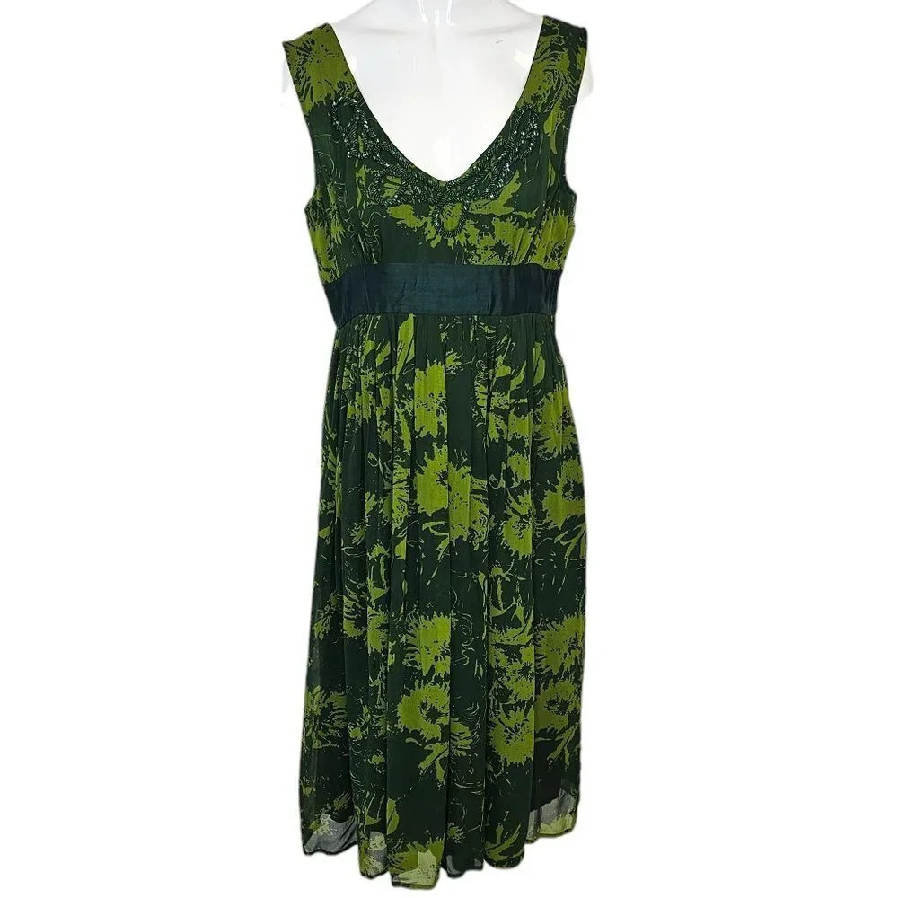 Versace Jeans Couture Vintage Beaded Dress Size Medium Lined V-Neck Green Print
